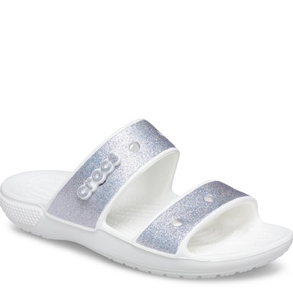 Crocs Classic Glitter 2 Slide Sandal, White with Silver Metallic - Picture 5 of 9